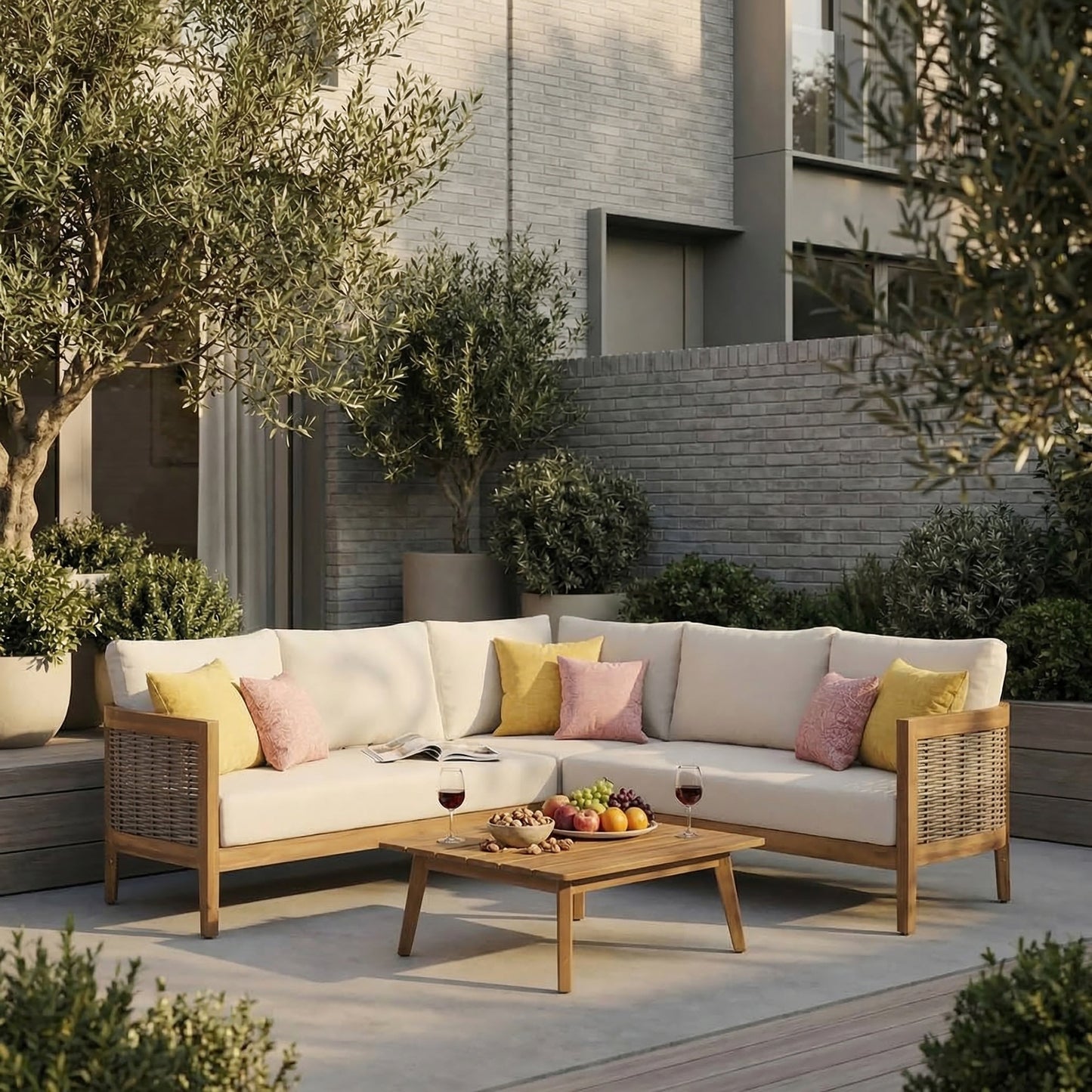 Outdoor Teak Conversation Set with Beige Cushions 4 Piece