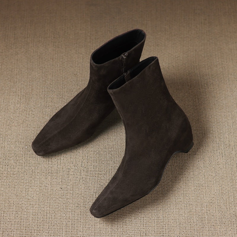 Women's Ankle Boots With Height Lift, Side Zipper & Fleece Lining | Square Toe Block Heel