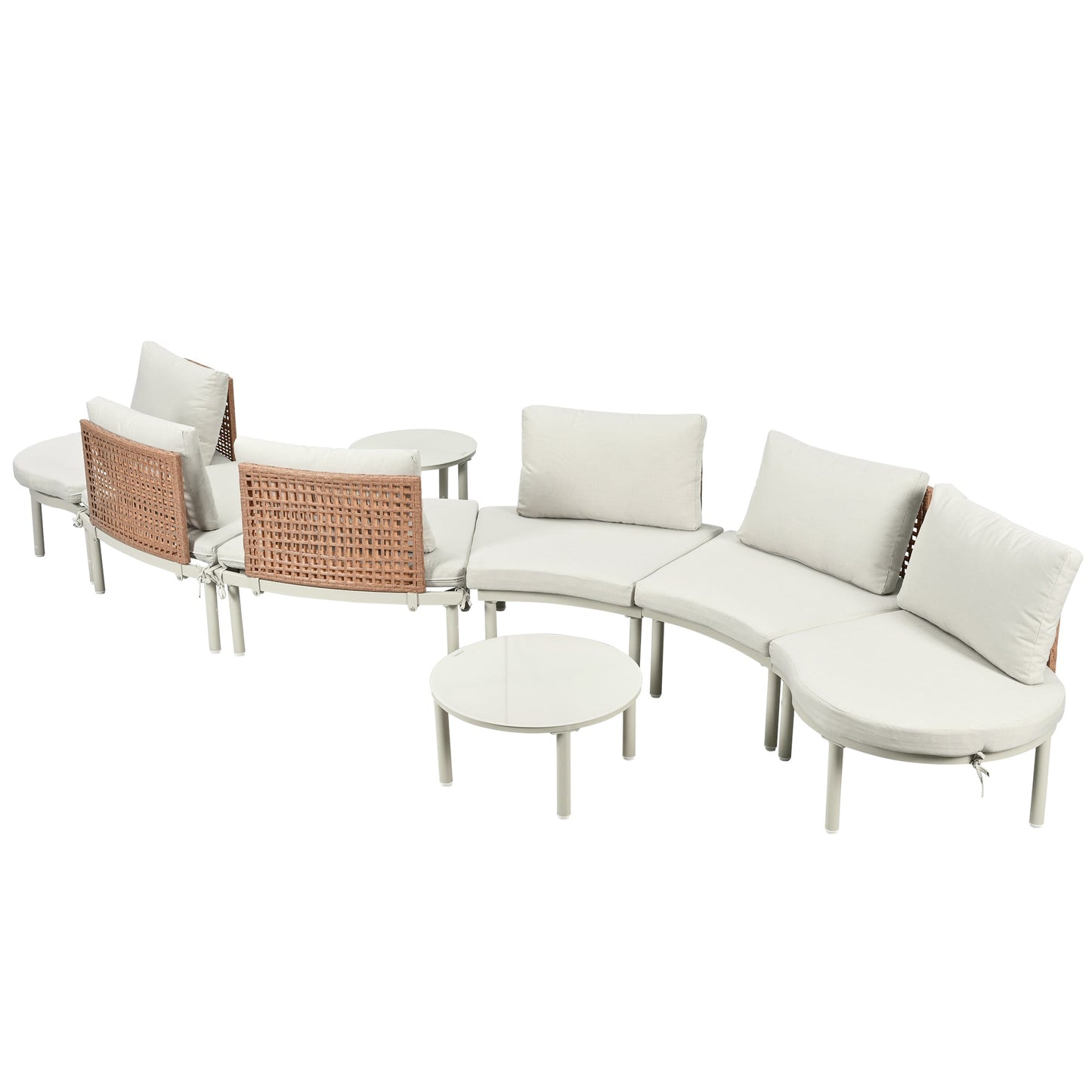 Outdoor Patio Set Half Moon Sectional with Two Coffee Tables Beige Pe Wicker
