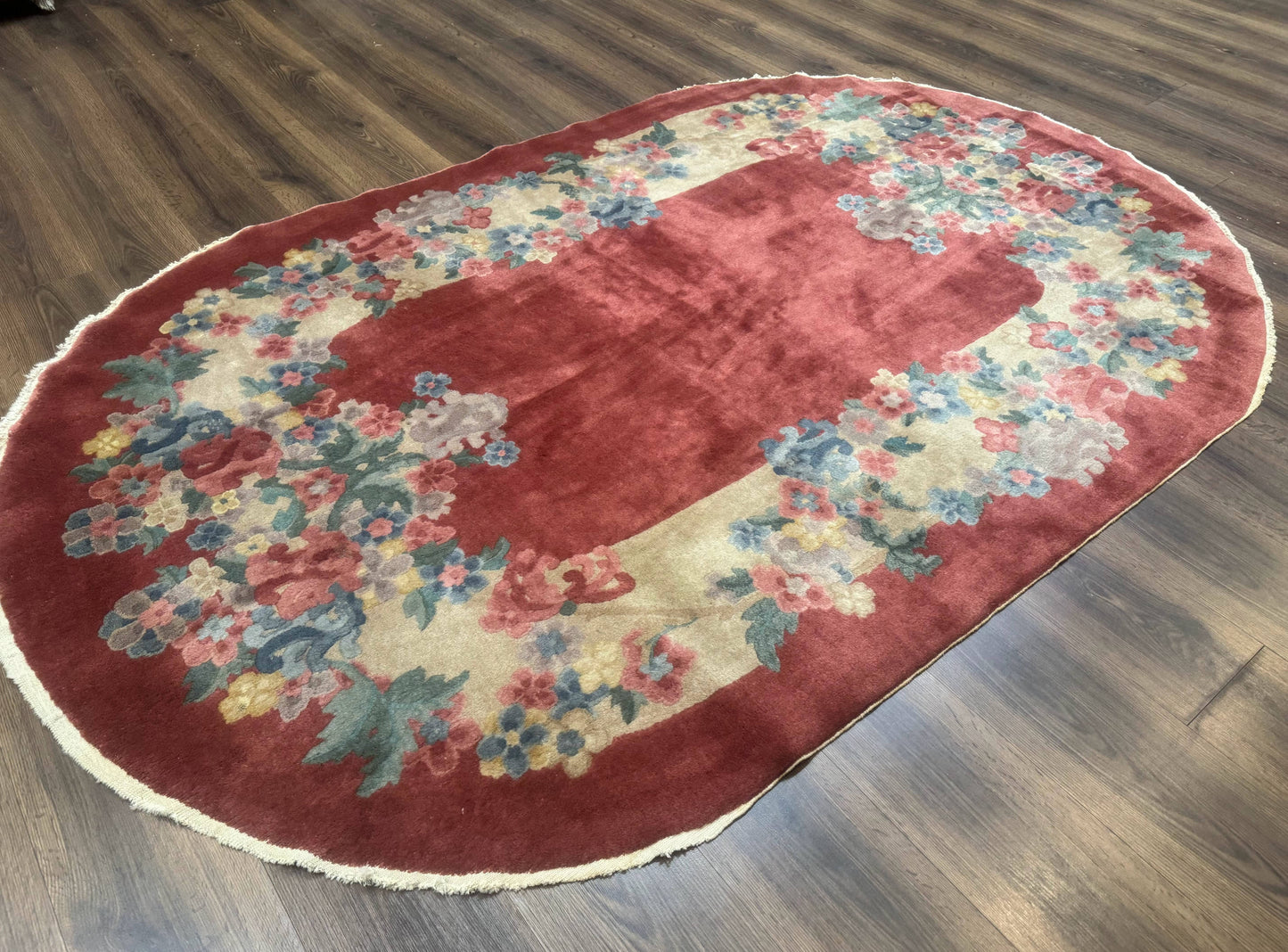 Oval Chinese Peking Rug 5x8, Pink, Floral, Vintage Chinese Wool Carpet