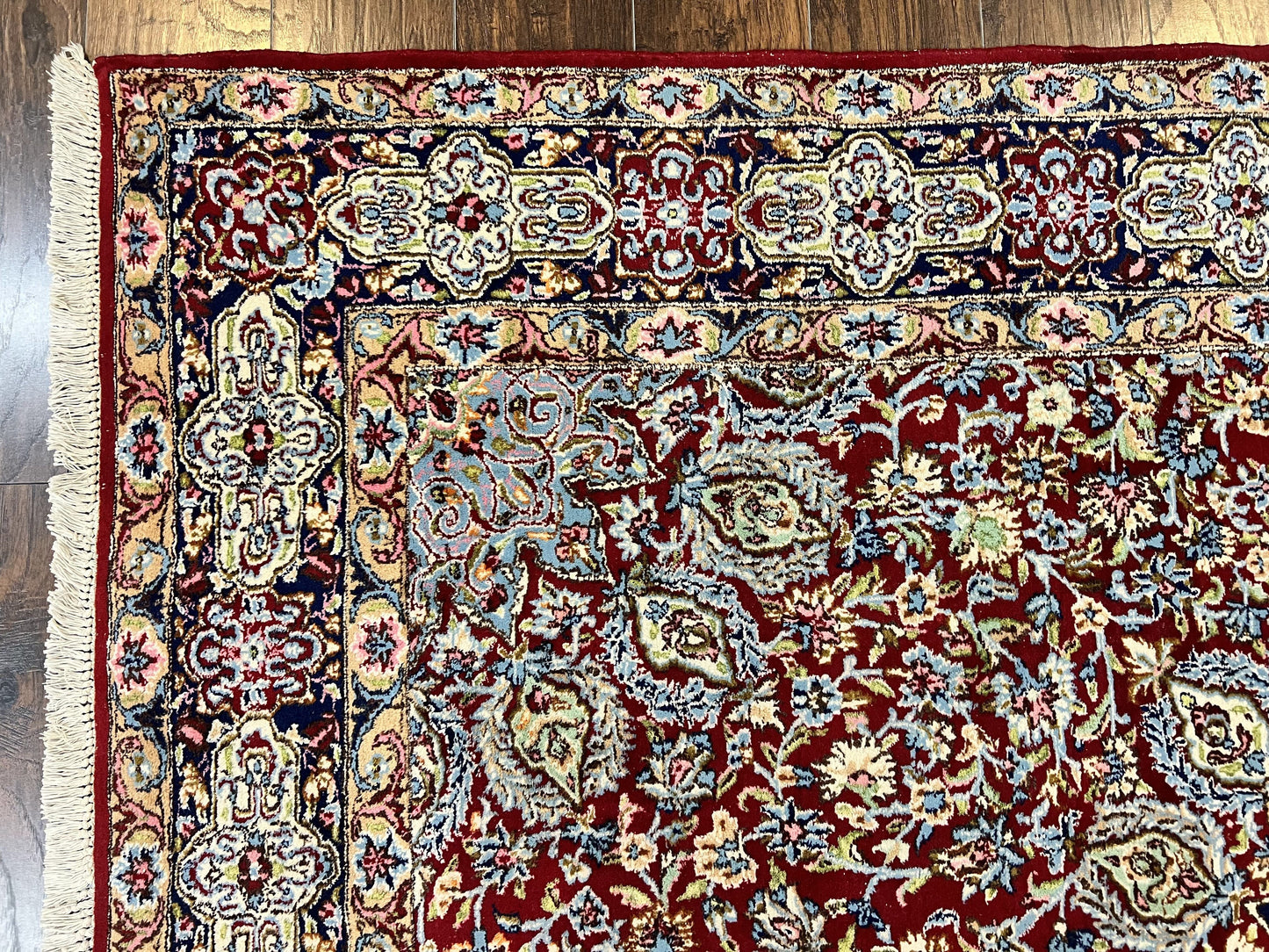 Persian Kirman Rug 7x10, Hand Knotted Wool Floral Medallion Carpet, Dark Red