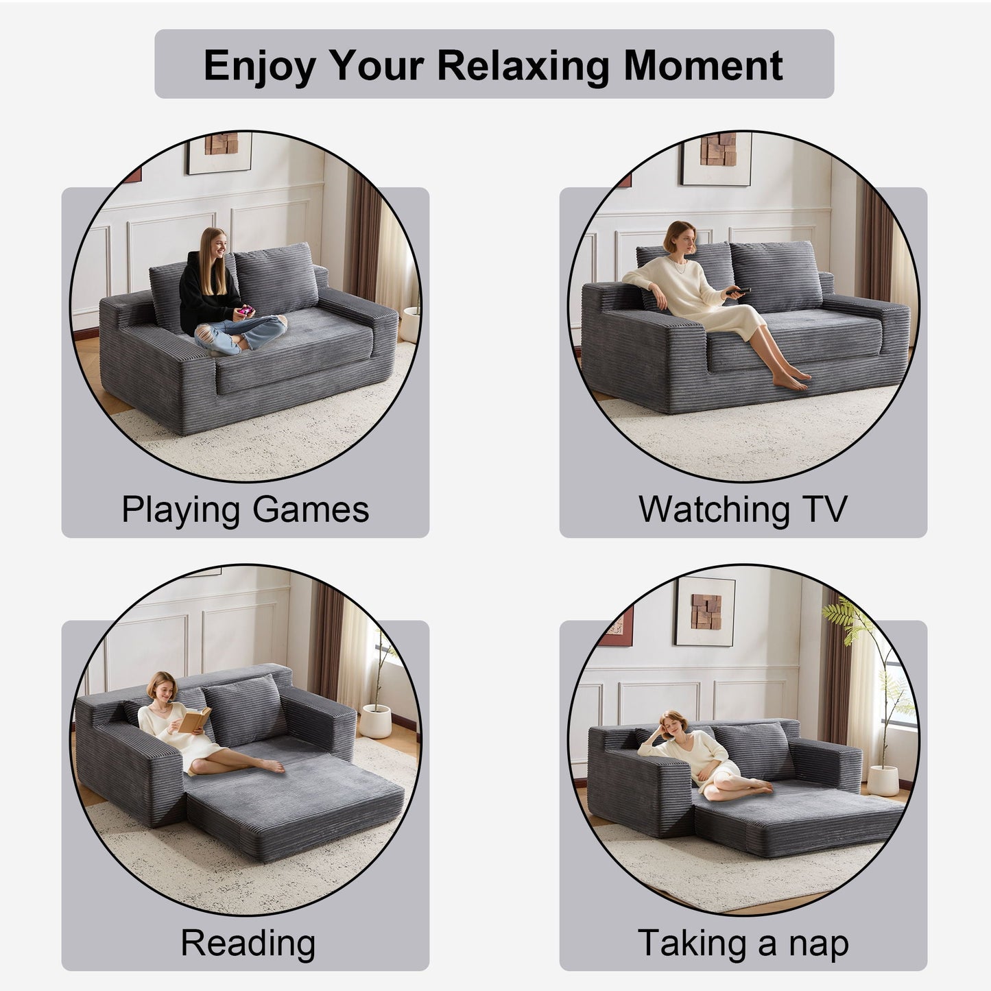 Comfortable Deep Seat Loveseat Sofa Bed, Reversible Cushion With Pillows