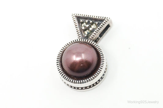 Vintage Designer Judith Jack Pearl Marcasite Sterling Silver Pendant
