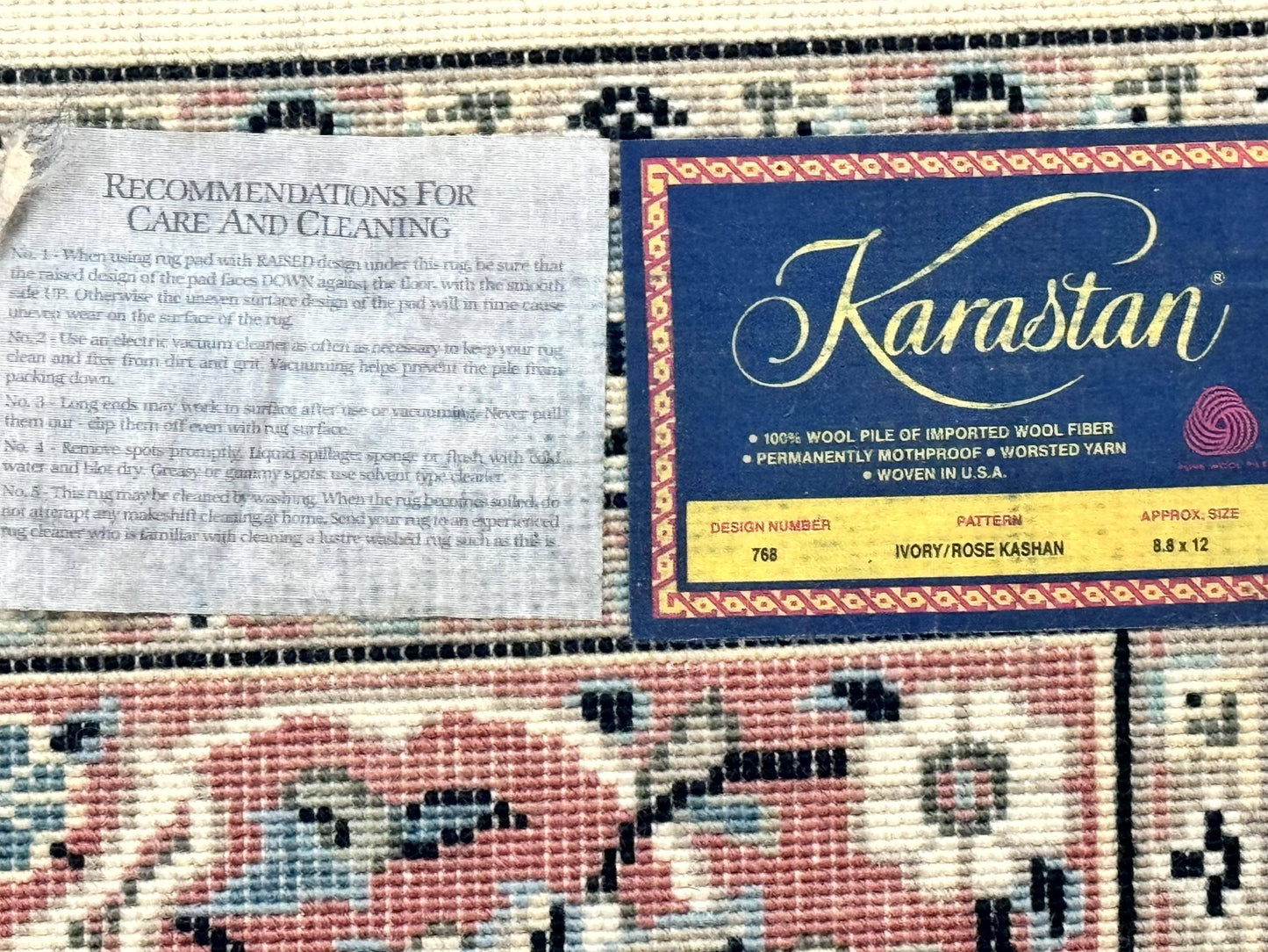Karastan Rug 8.8 x 12, Ivory Rose Kashan #768, Wool Pile Karastan Carpet, Original 700 Series, Rare, Discontinued, Vintage