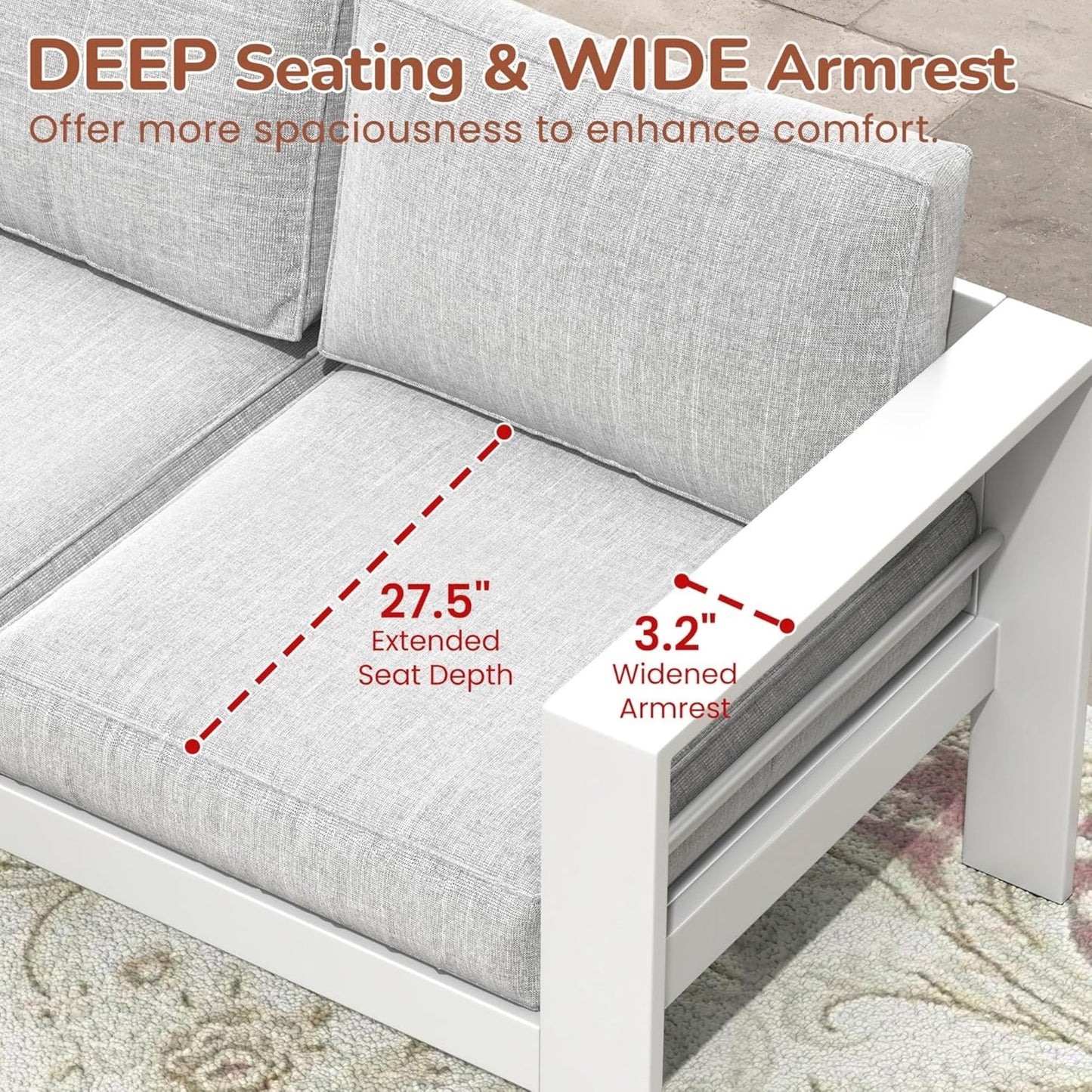 Outdoor Loveseat Aluminum White Gray Cushion 50in 600 lb Capacity
