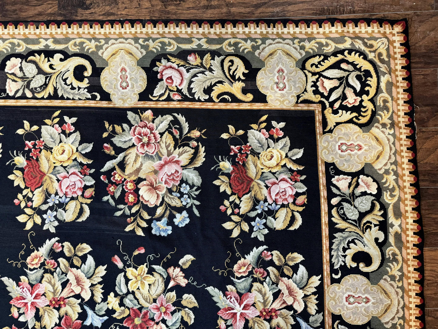 Palace Size Needlepoint Rug 12x16, Black and Colorful, Floral Panel, Handmade Oversized Wool Needlepoint Carpet, Rare