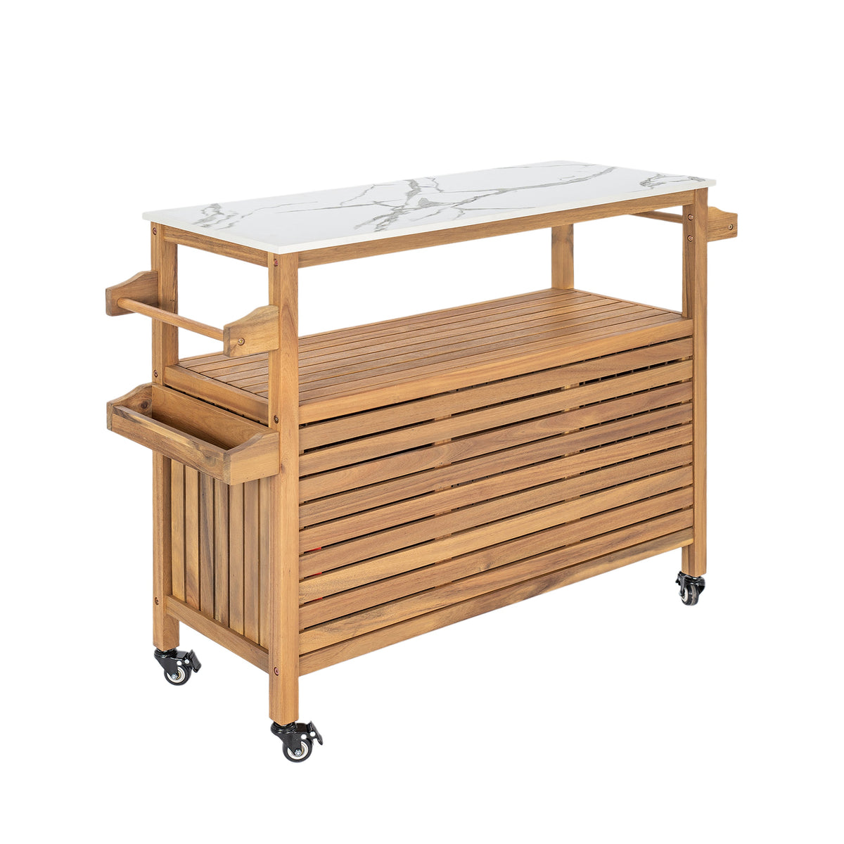 Wooden kitchen cart with marble top on a white background