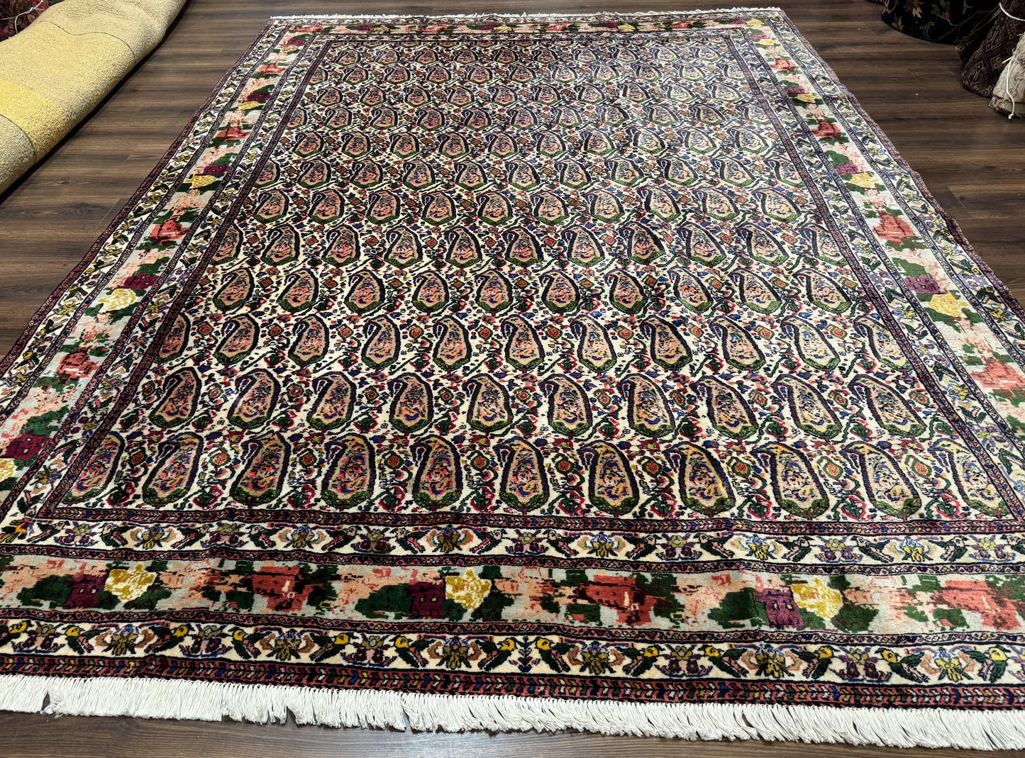 Persian Kurdish Rug 8x11, Repeated Allover Boteh Paisley Design, Bird Pictorials, Rare Antique Sannadaji Carpet