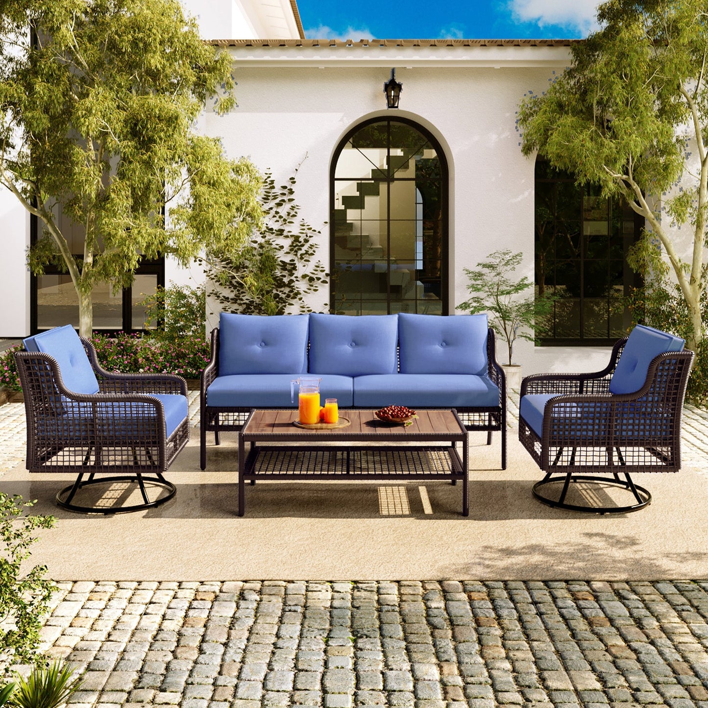 Blue Wicker Outdoor Patio Conversation Set with Swivel Chairs – 4 Piece Seating Collection