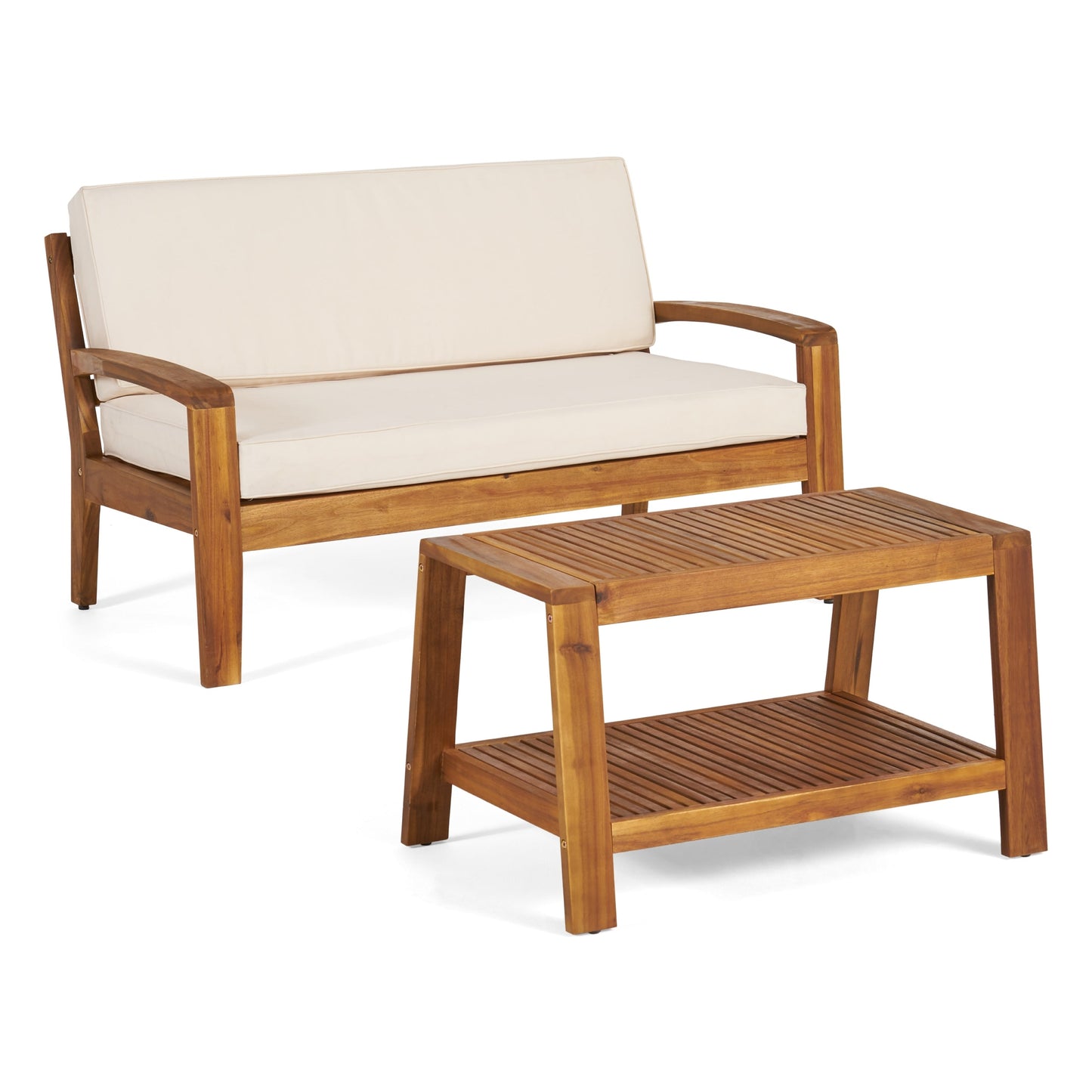 Outdoor Patio Set Modern Teak Acacia Wood with Beige Cushions