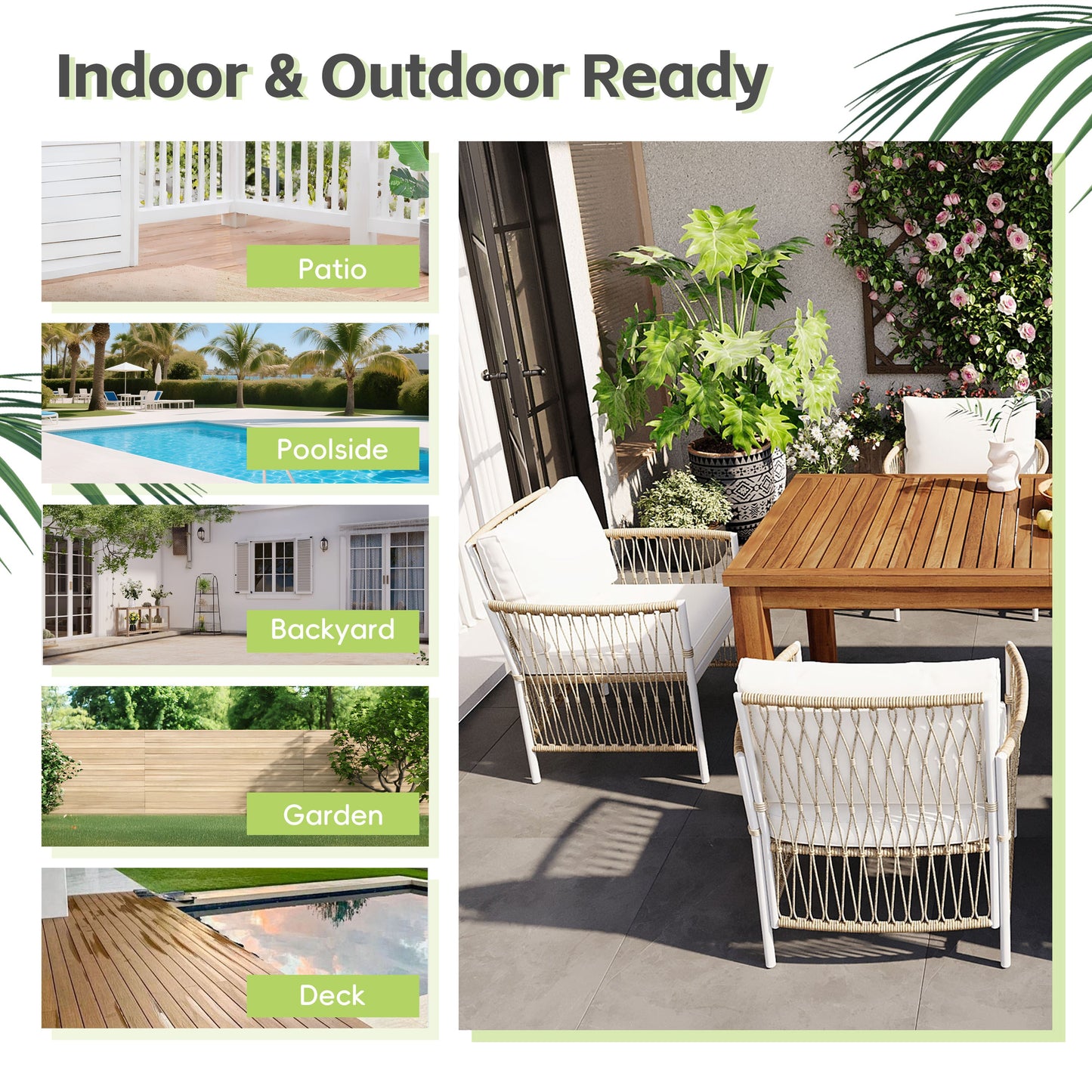 Patio Dining Set Rectangular, 67 Inch Wooden Table with 6 Rattan Armchairs