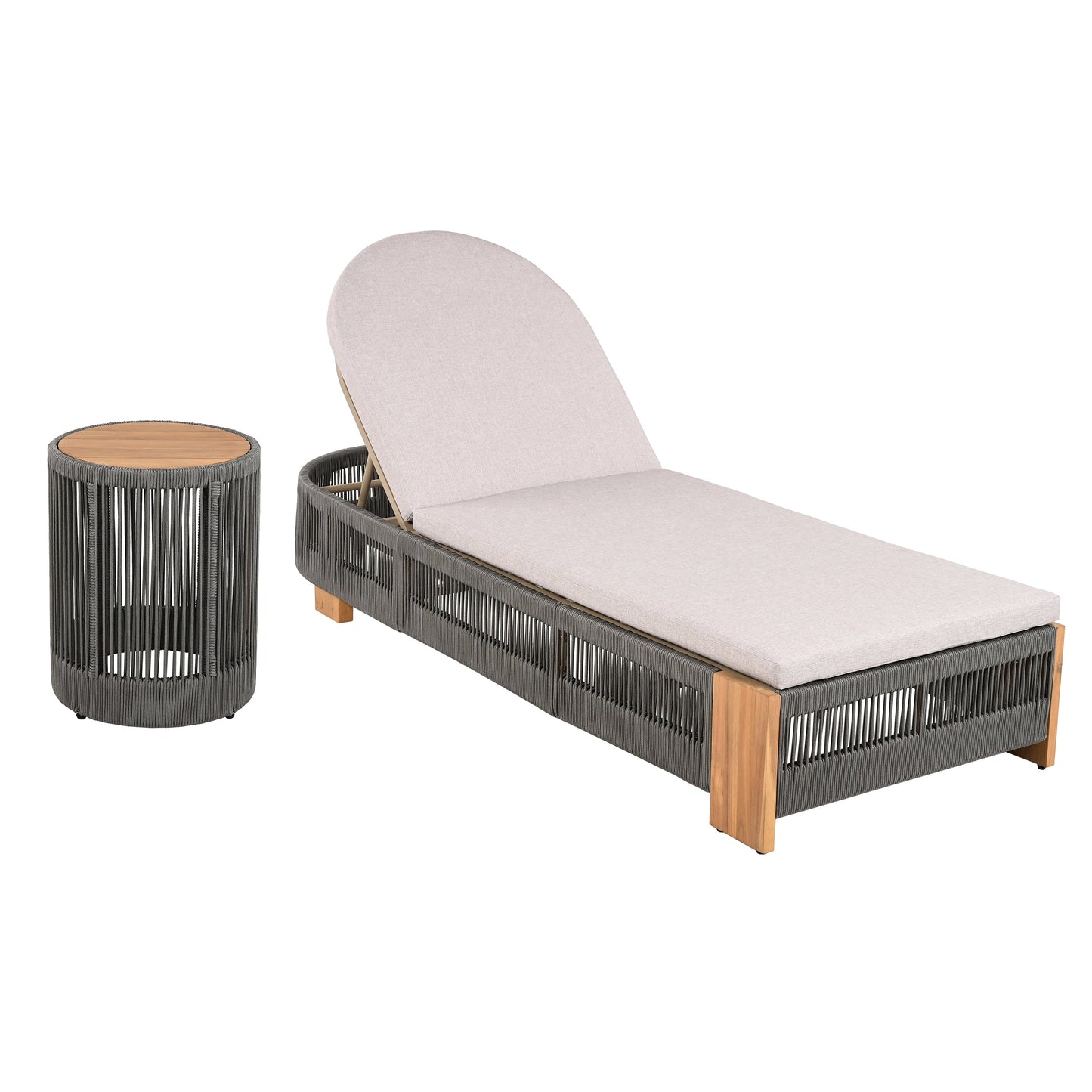 Outdoor Rope Lounge Set with Adjustable Backrest Teak Side Table Beige Cushions