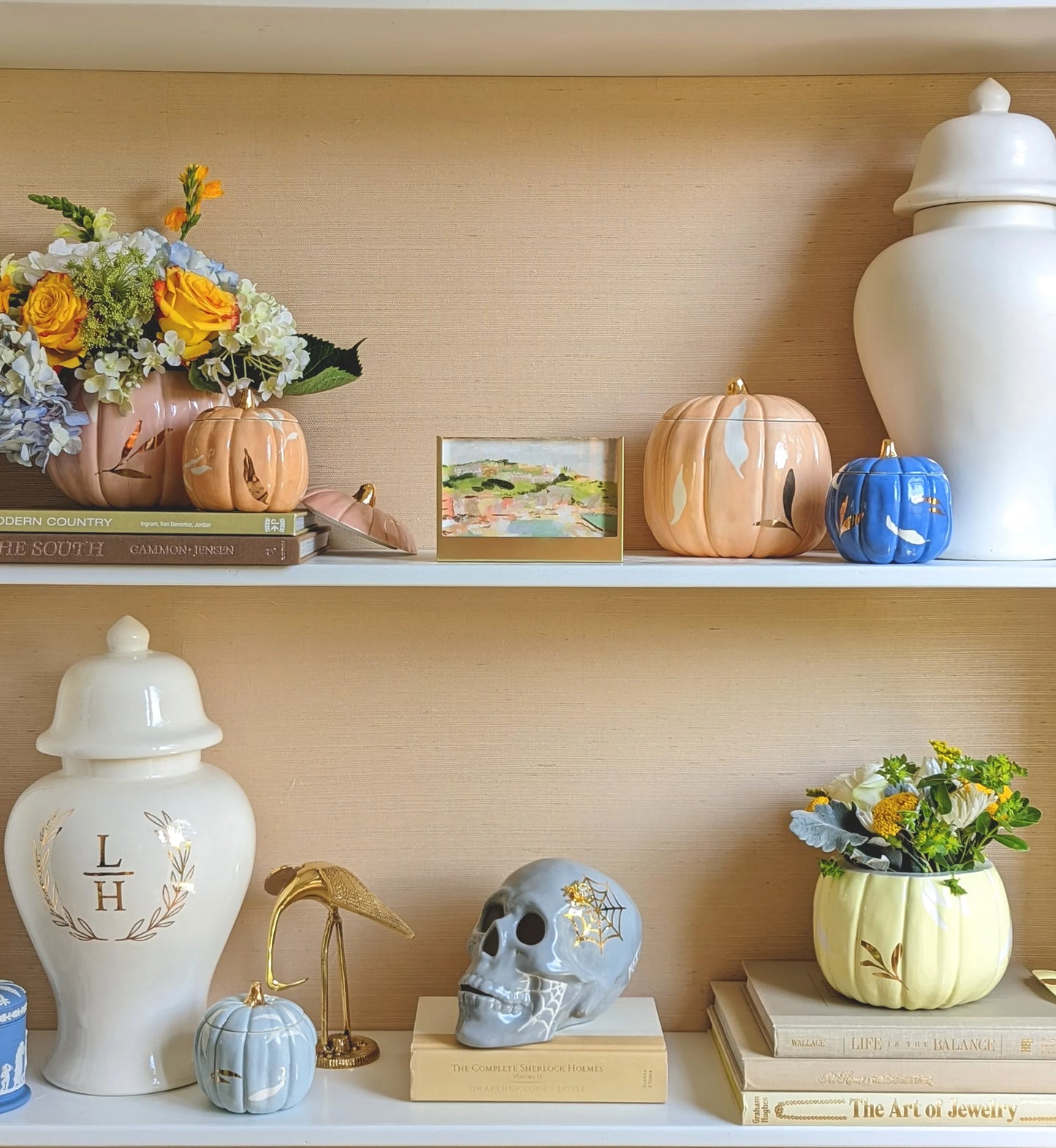 Layered Leaves Pumpkin Jars with 22K Gold Accents in Blush