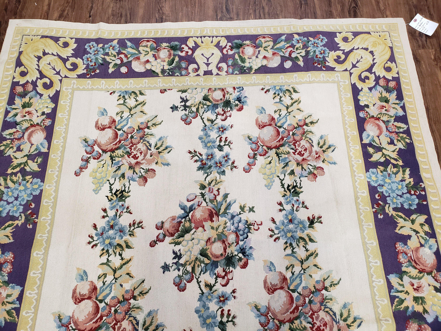 Vintage Chinese Floral Needlepoint Area Rug 6x9, Wool Hand-Woven Handmade Flatweave Rug, Ivory & Purple, Fruits Grapes Apples, Dining Room