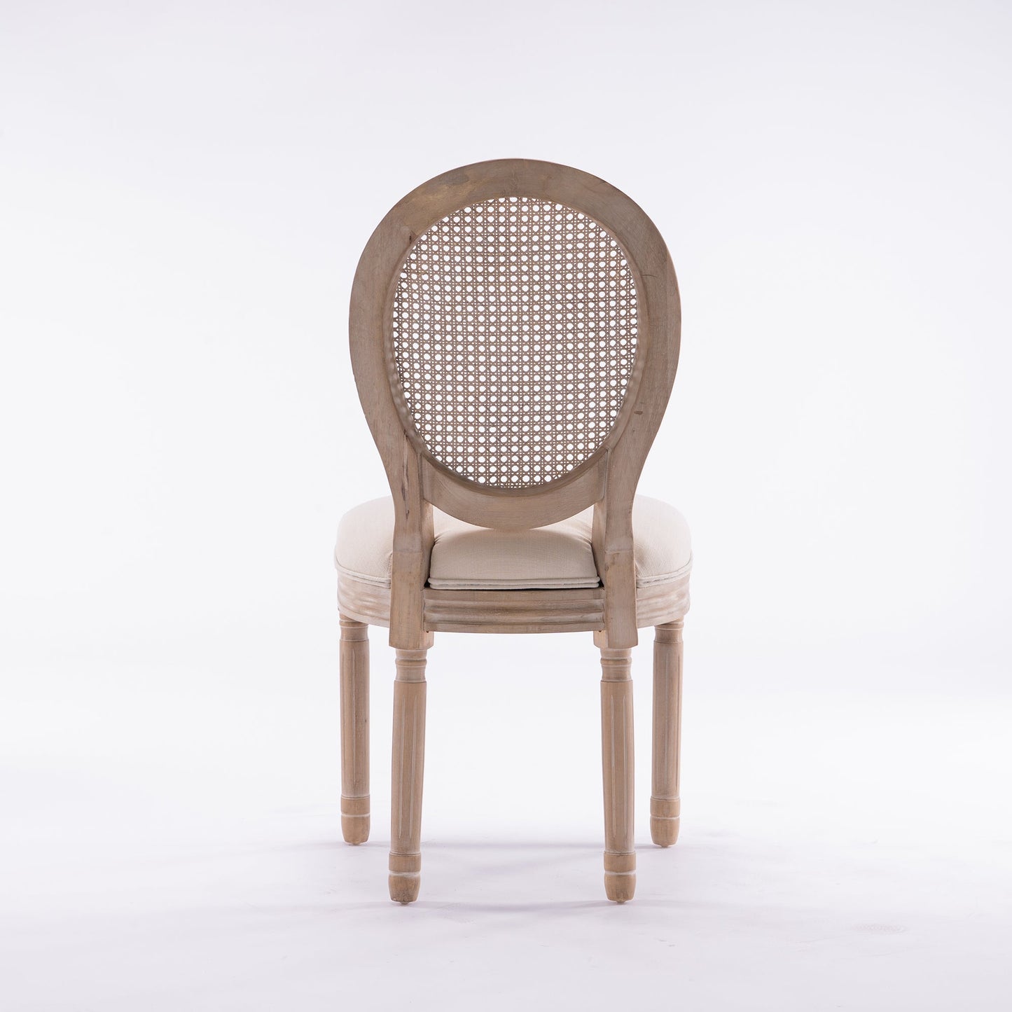 French Style Solid Wood Linen Fabric Rattan Back Dining Chair, Set of 2, Beige