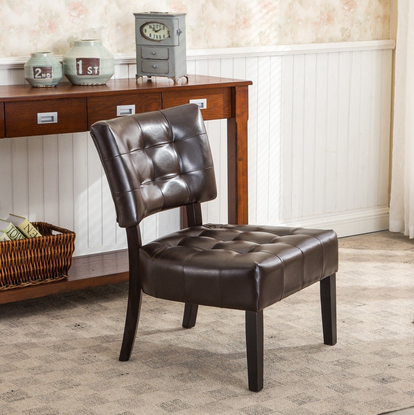 Accent Chair Tufted PU Leather Brown Oversized Hardwood Frame 27x31x34 In