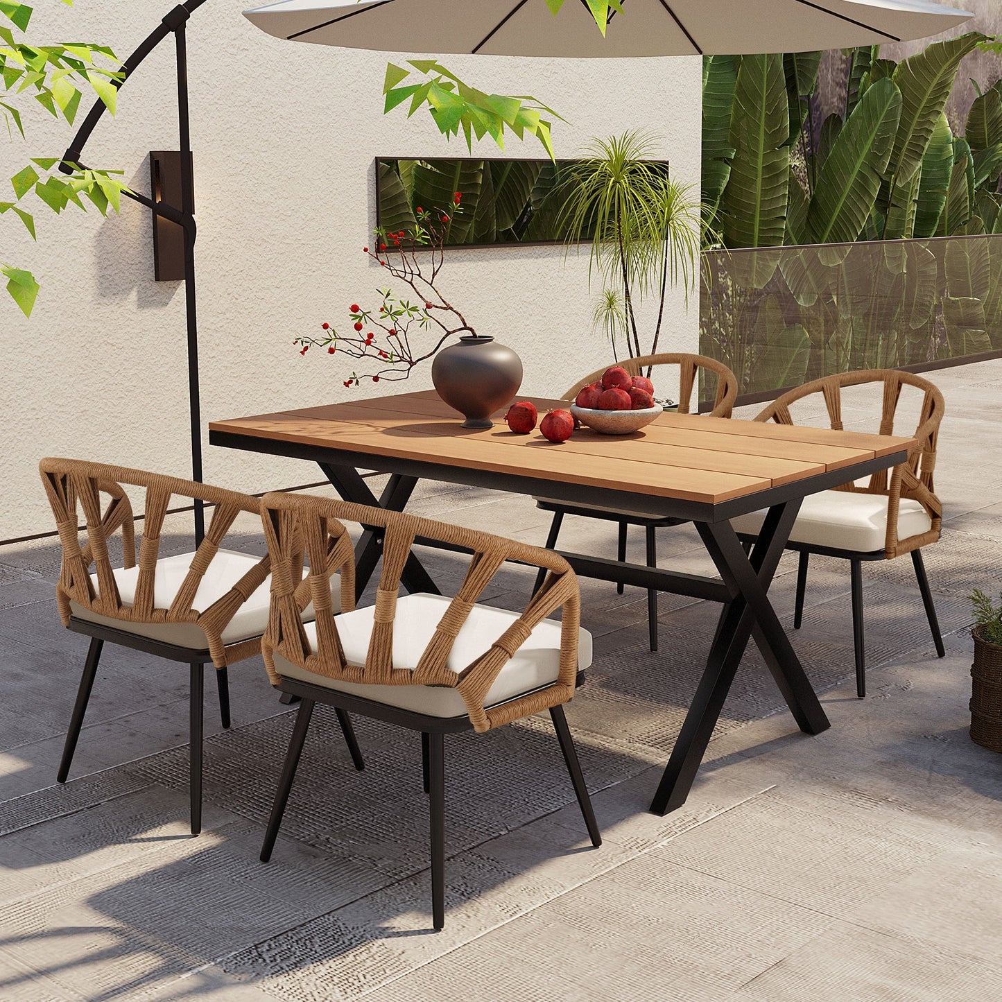 Outdoor Set Contemporary Pe Rattan Chairs and Plastic Wood Table