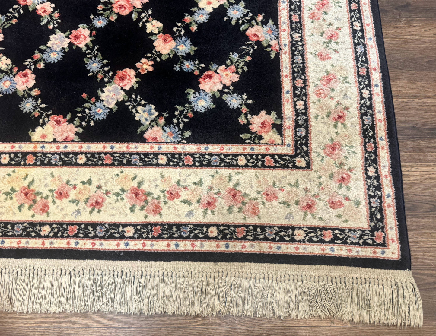 8.8 x 12 Karastan Garden of Eden Rug, Ebony Trellis #509/1270, Black, Floral, Wool Pile, Vintage, Discontinued