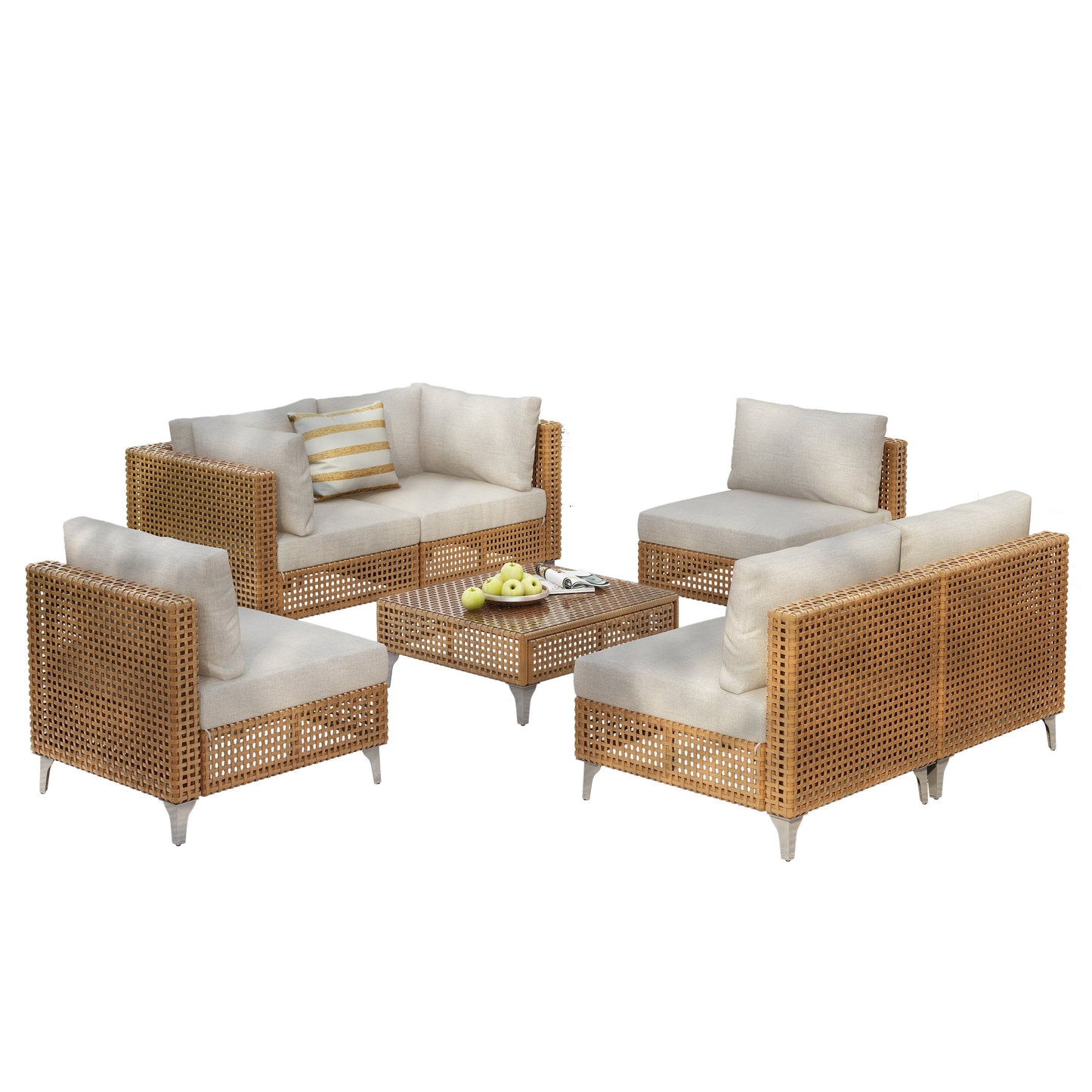 Patio Set Wicker Sectional with Water Resistant Beige Cushions and Coffee Table