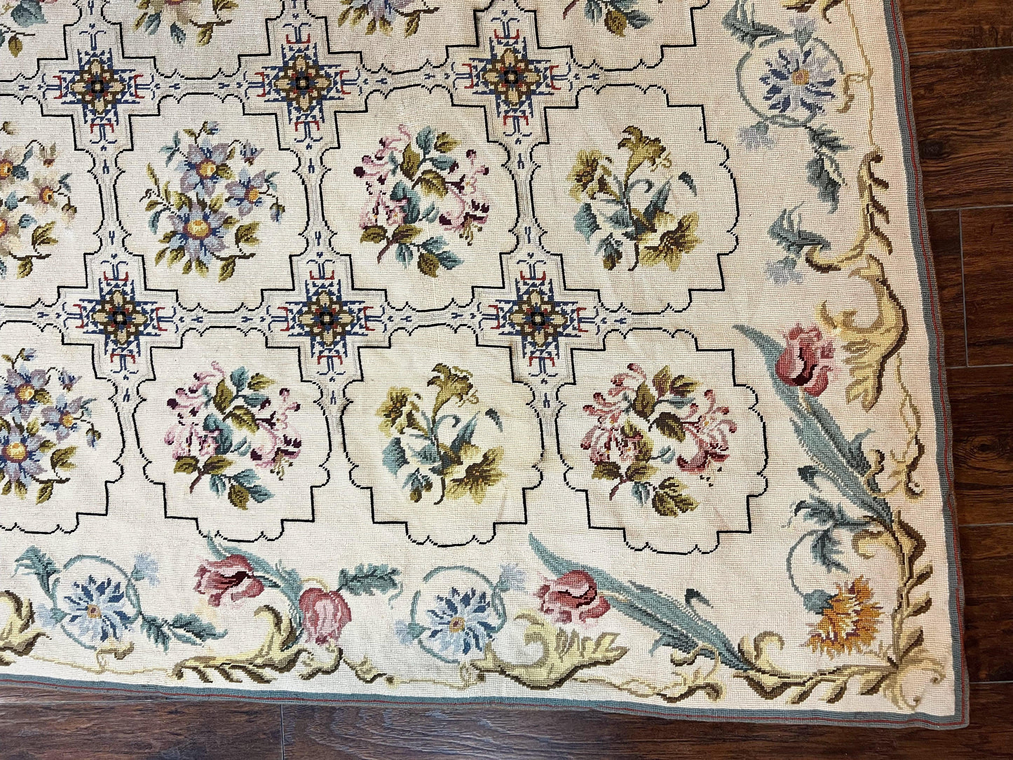 Needlepoint Rug 10x14, Wool Handmade Vintage Needlepoint Carpet, Floral Panel Design, Ivory/Cream
