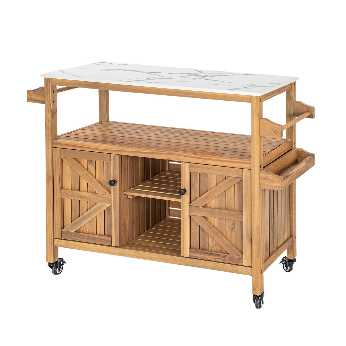 Wooden kitchen island with marble countertop on a white background