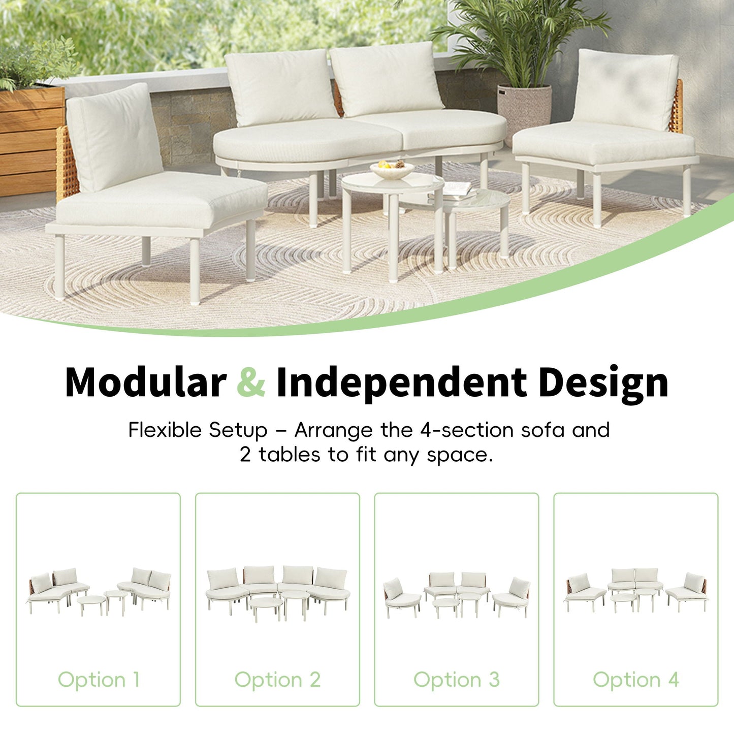 6 Piece Patio Set, Half Moon Outdoor Sectional Sofa With 2 High Low Coffee Tables, 4 Pillows & Cushions