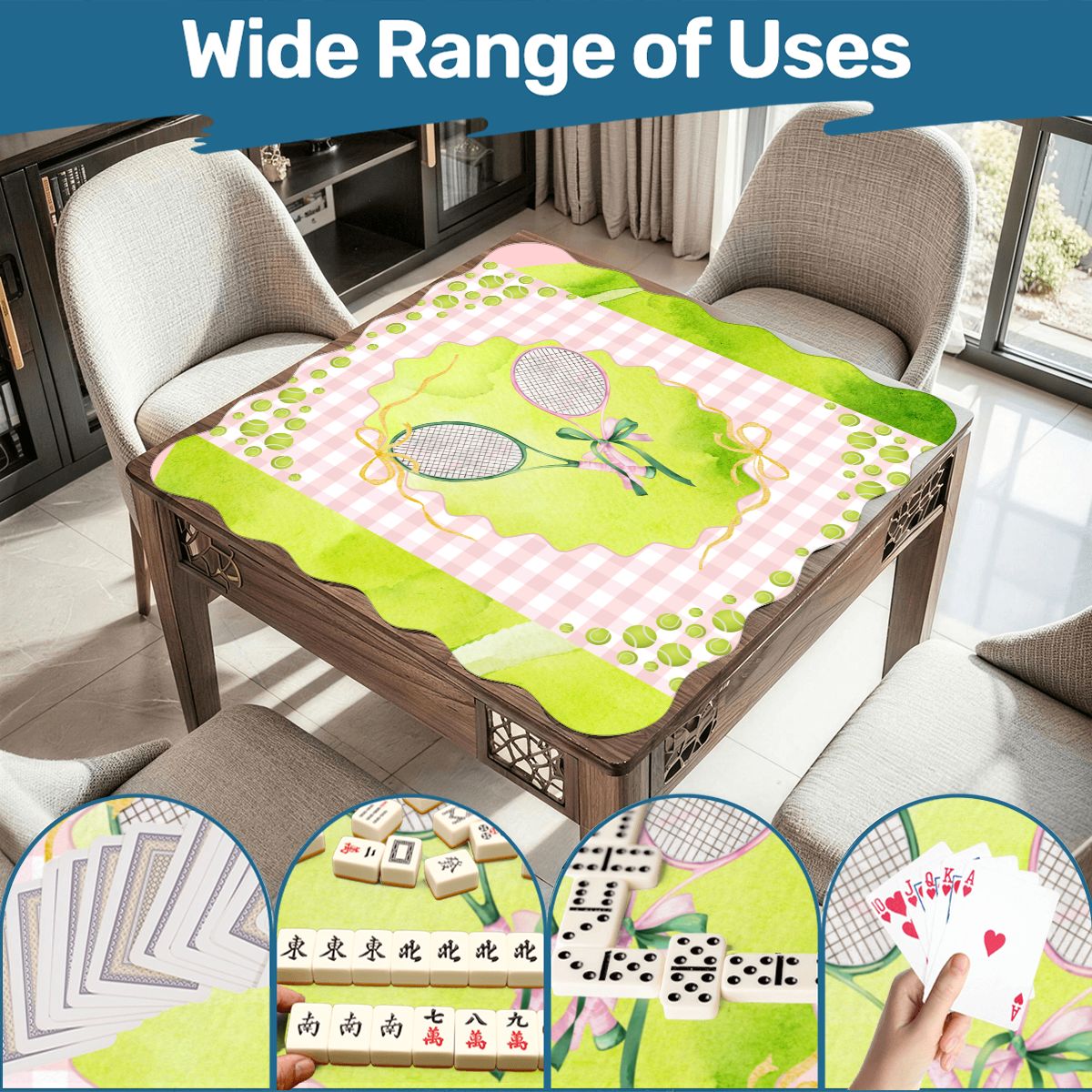 Green And Pink Tennis Themed Scalloped Mahjong Mat