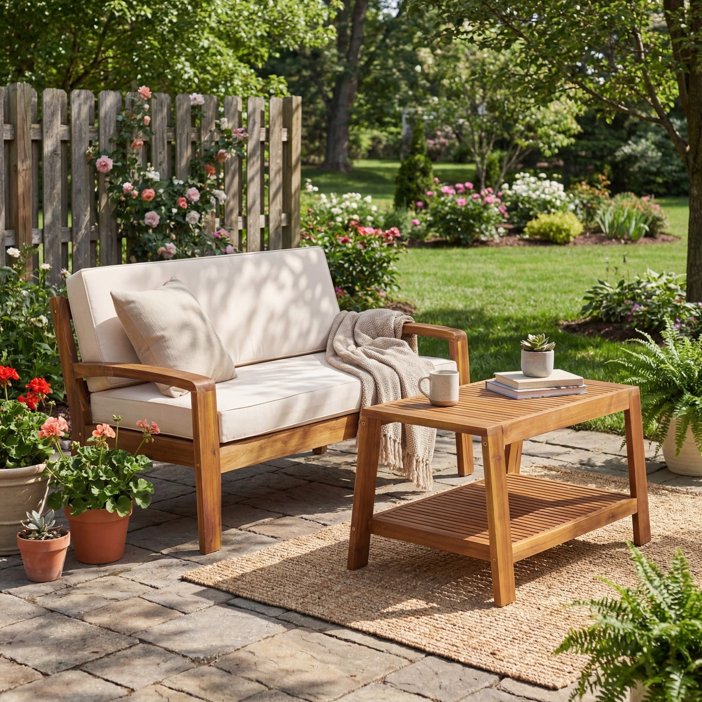 Outdoor Patio Set Modern Teak Acacia Wood with Beige Cushions