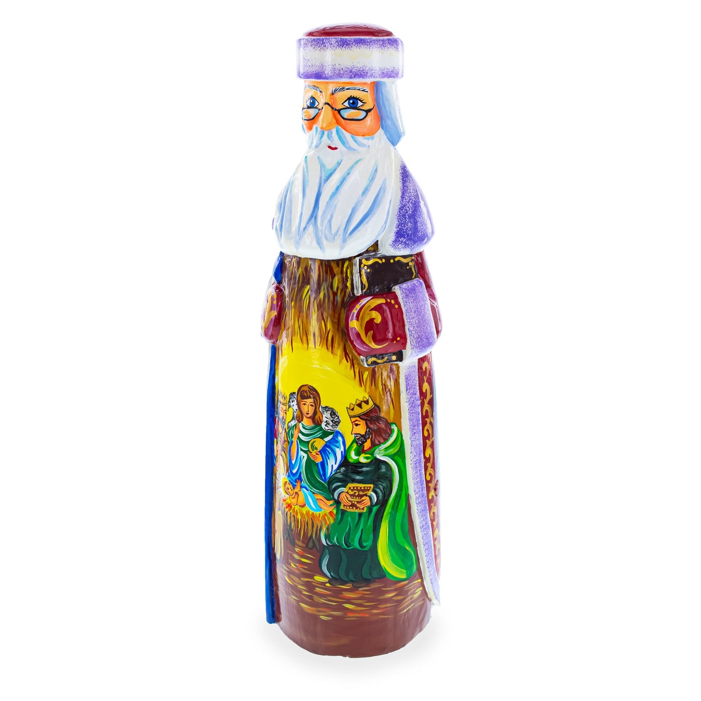 Santa over Nativity Scene Ukrainian Hand Carved Solid Wood Figurine 11 Inches