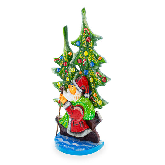 Did Moroz (Santa) and Christmas Tree Hand Carved Ukrainian Wooden Figurine 12.25 Inches