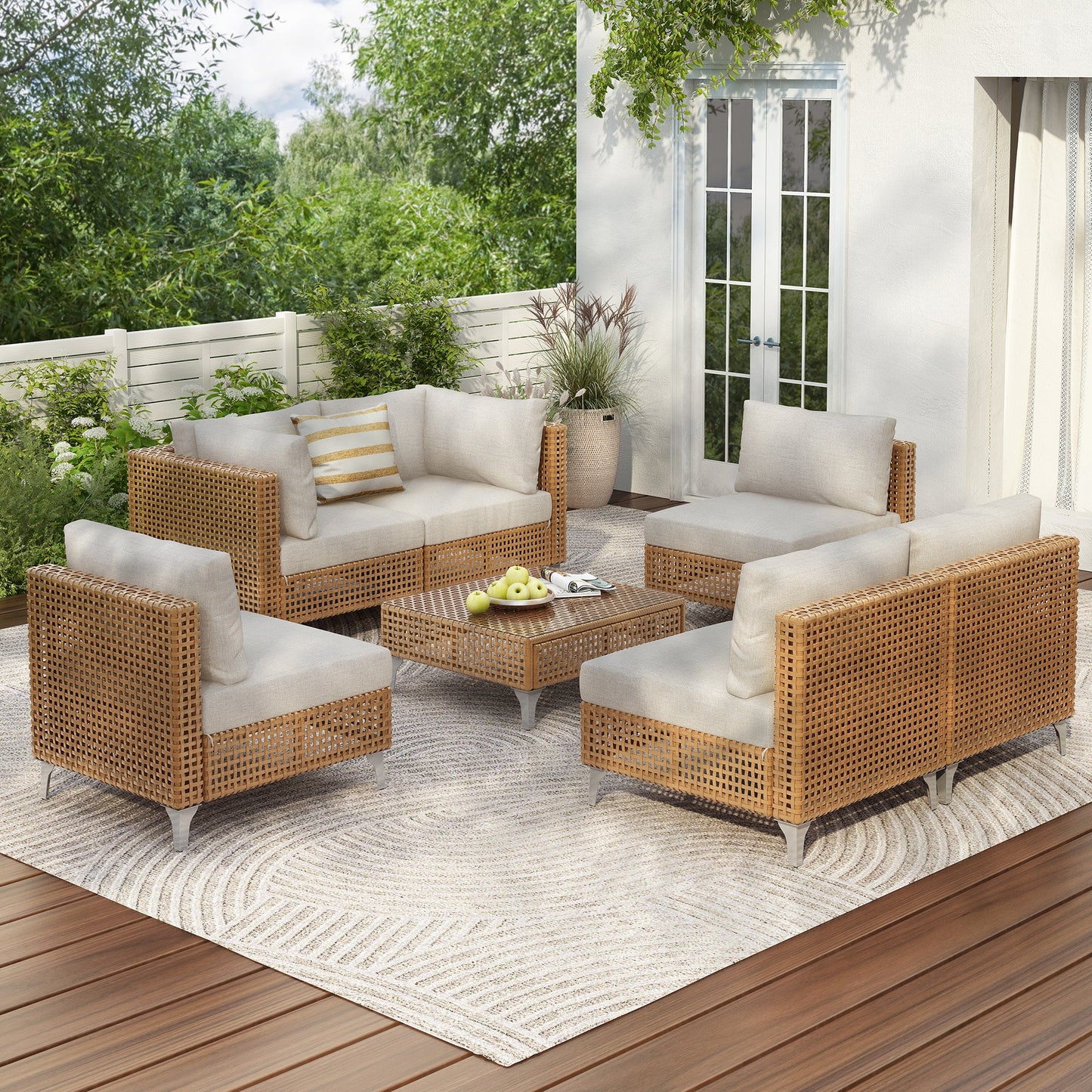 Patio Set Wicker Sectional with Water Resistant Beige Cushions and Coffee Table