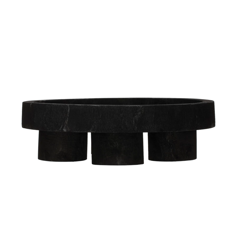 Decorative Paulownia Wood Footed Artisan Tray in Noir Black