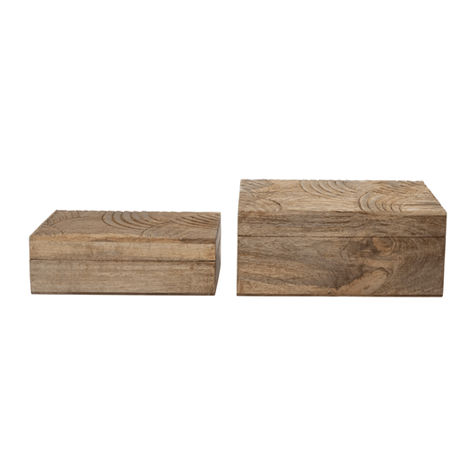 Hand-Carved Mango Wood Artisan Storage Boxes, Set of 2