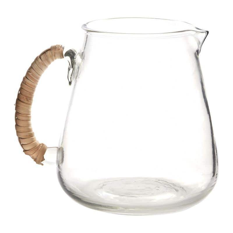 The Emily Glass Artisan Pitcher with Rattan-Wrapped Handle - EXCLUSIVE
