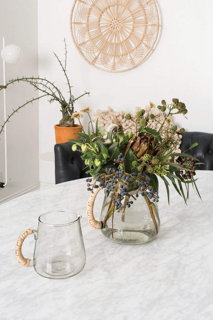 The Emily Glass Artisan Pitcher with Rattan-Wrapped Handle - EXCLUSIVE