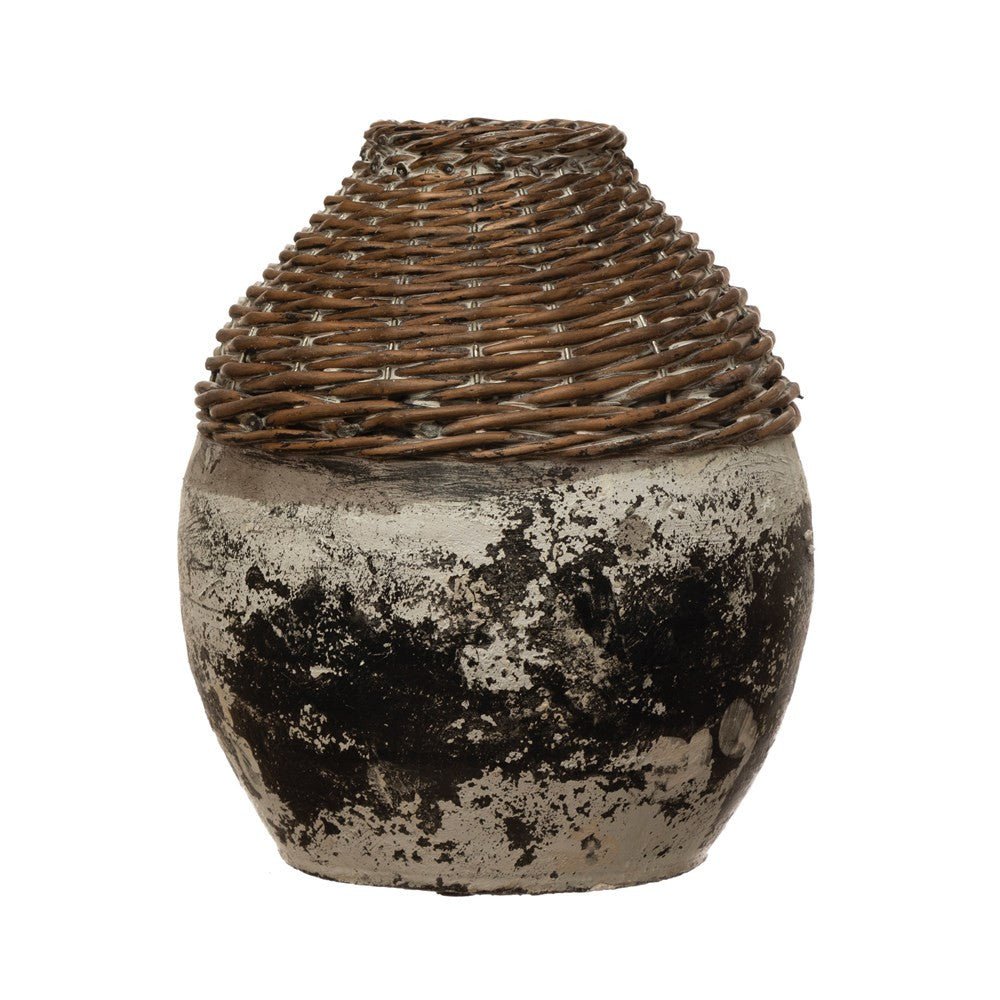 The Dune Hand-Woven Rattan & Clay Floor Vase