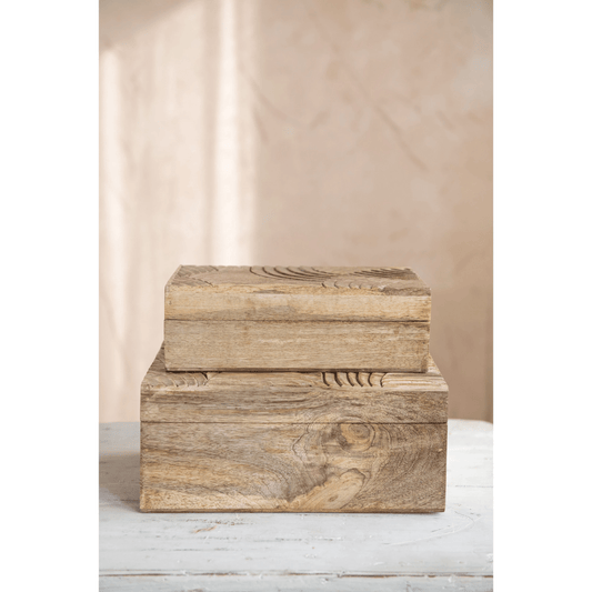 Hand-Carved Mango Wood Artisan Storage Boxes, Set of 2