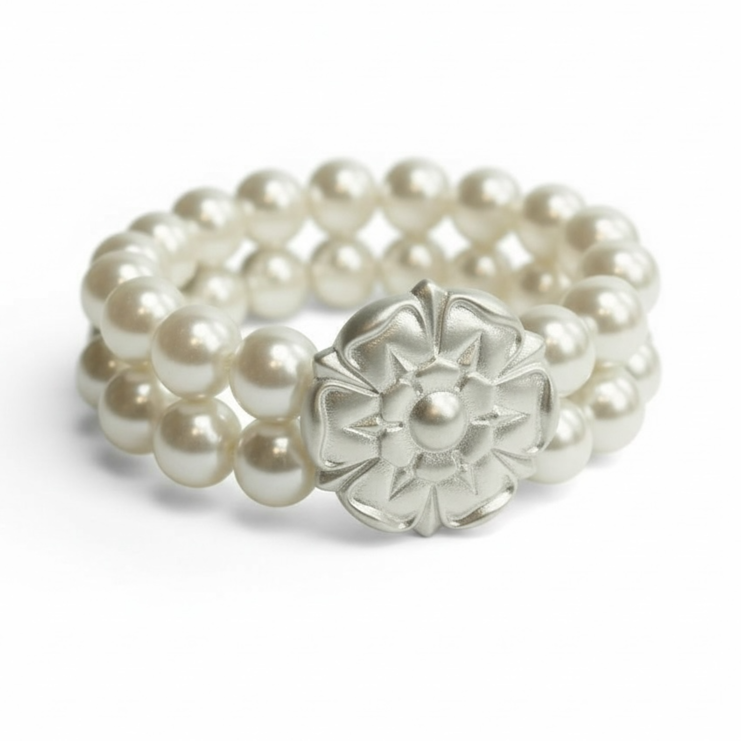 Two Strand Pearl and Matte Silver Flower Stretch Bracelet