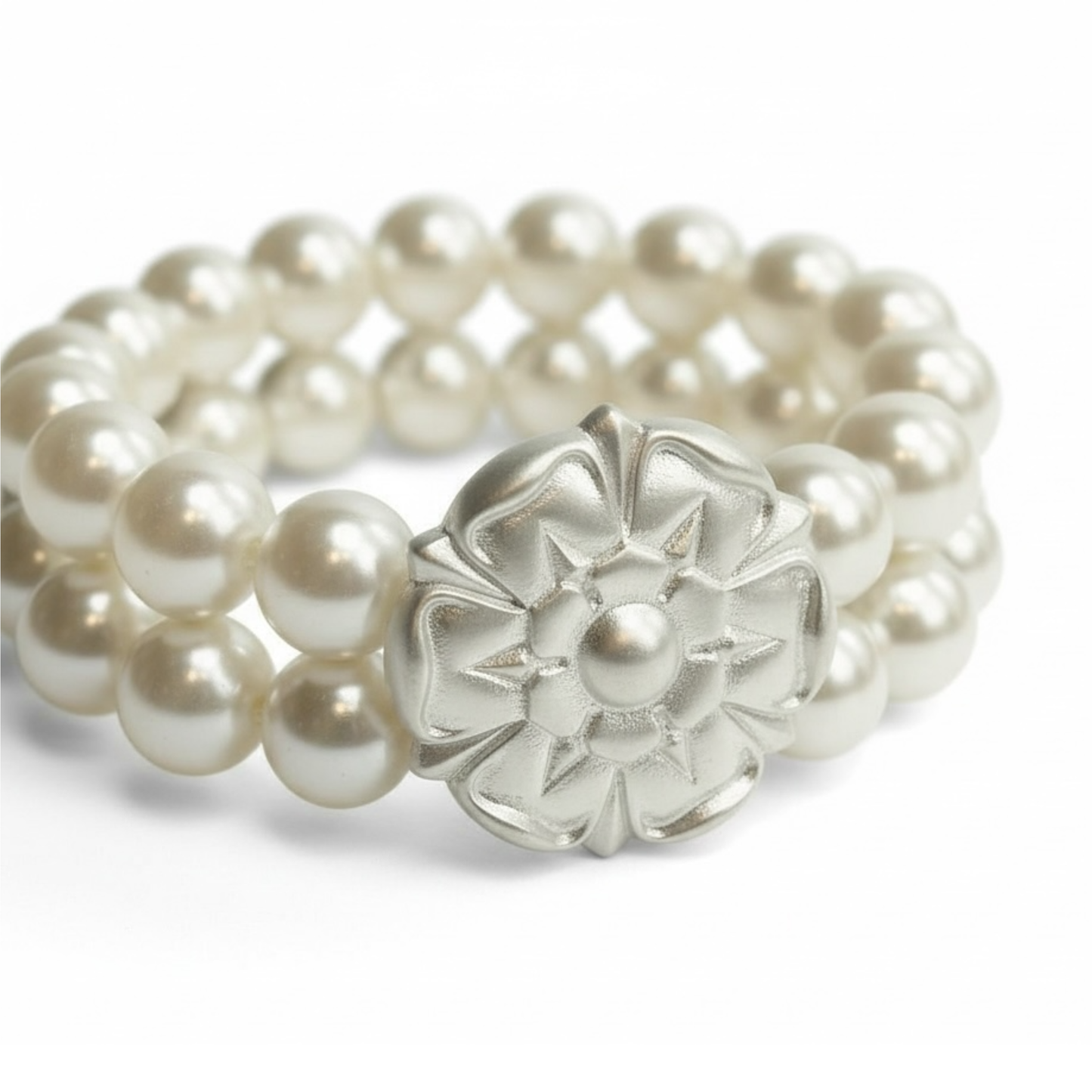 Two Strand Pearl and Matte Silver Flower Stretch Bracelet