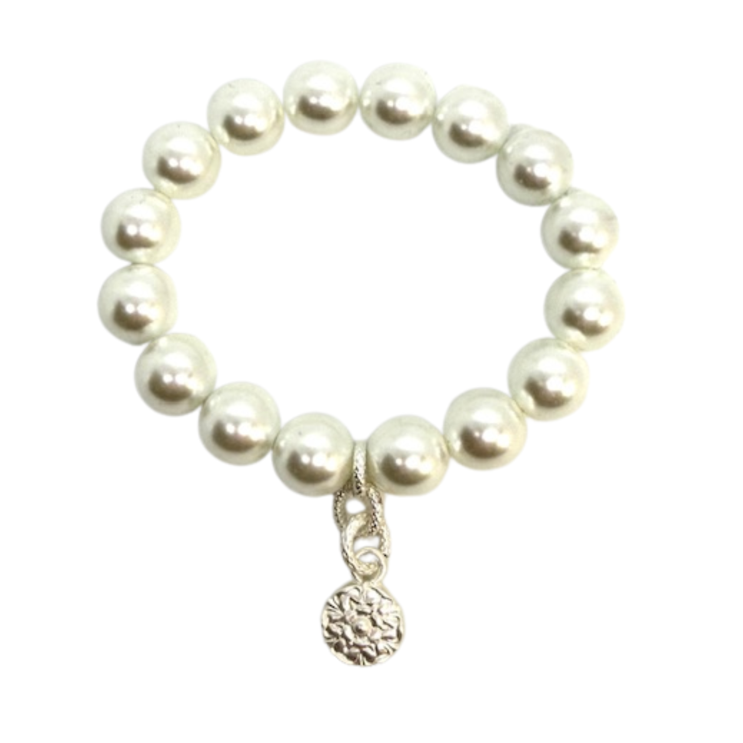 White Pearl Stretch Bracelet With Matte Silver Flower Charm