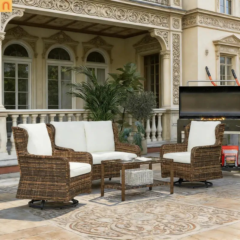 Four-Piece Woven Rattan Outdoor Patio Conversation Furniture Set for Garden and