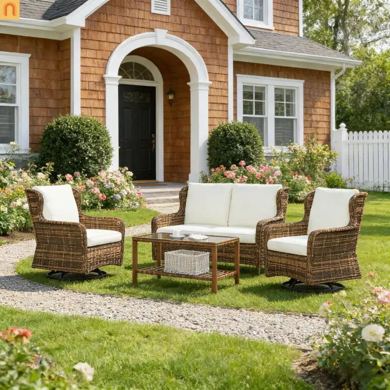 Four-Piece Woven Rattan Outdoor Patio Conversation Furniture Set for Garden and