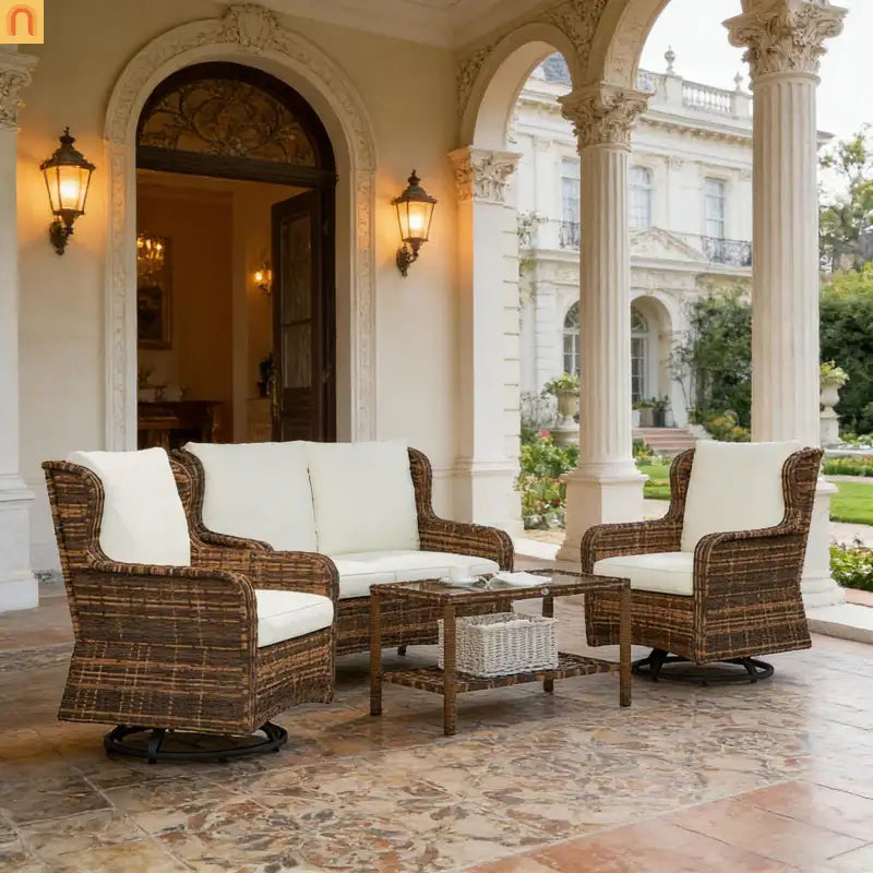 Four-Piece Woven Rattan Outdoor Patio Conversation Furniture Set for Garden and