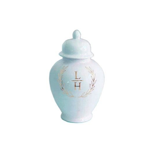 Laurel Wreath Monogram Ginger Jars in Hydrangea Light Blue