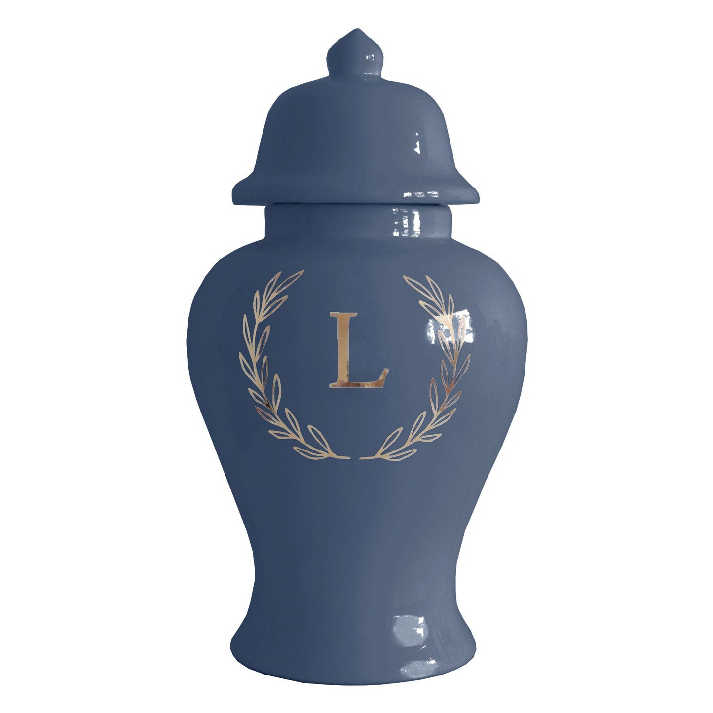 Single Letter Laurel Wreath Monogram Ginger Jars in Navy