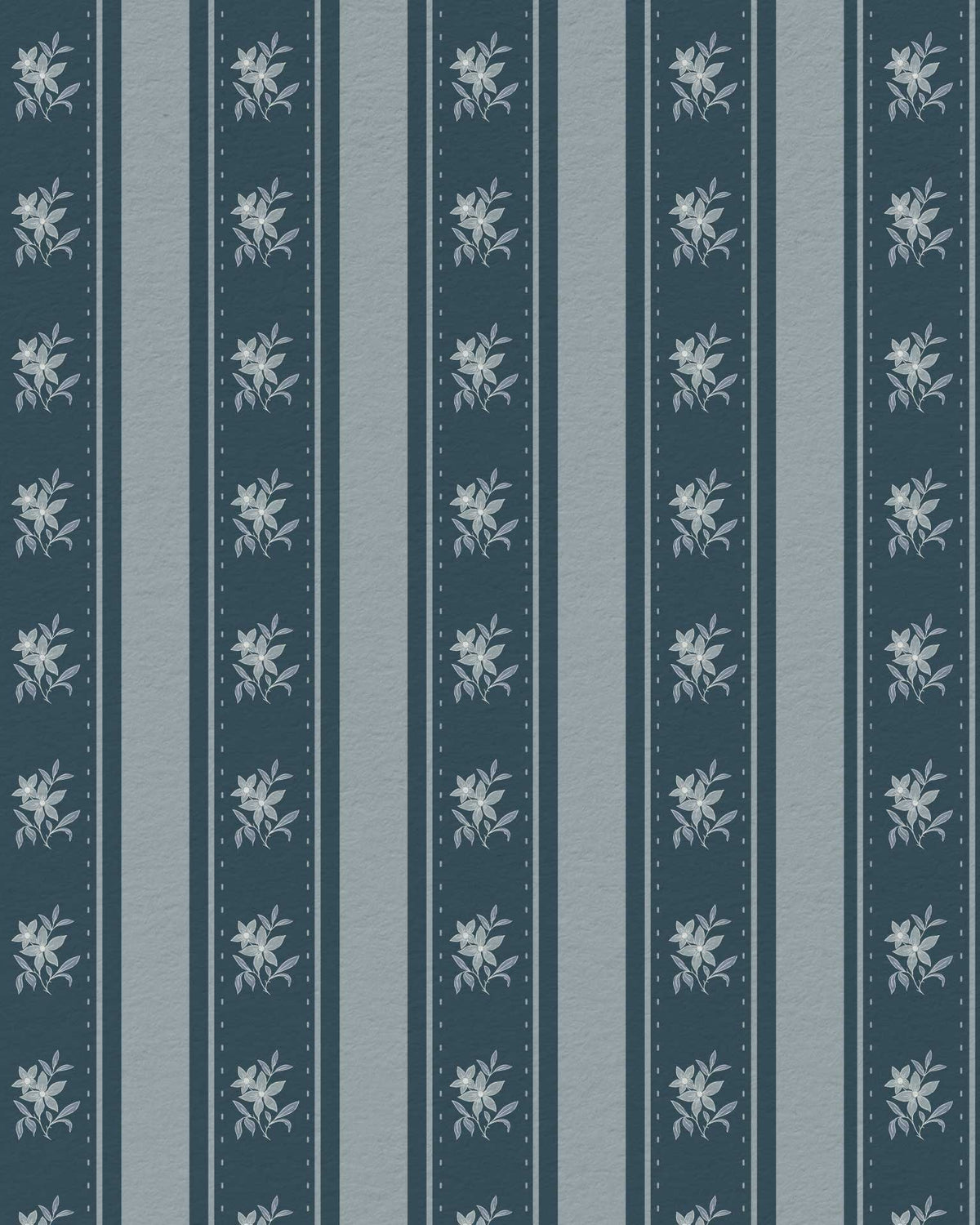 Patterned wallpaper with vertical stripes and floral designs on a blue background