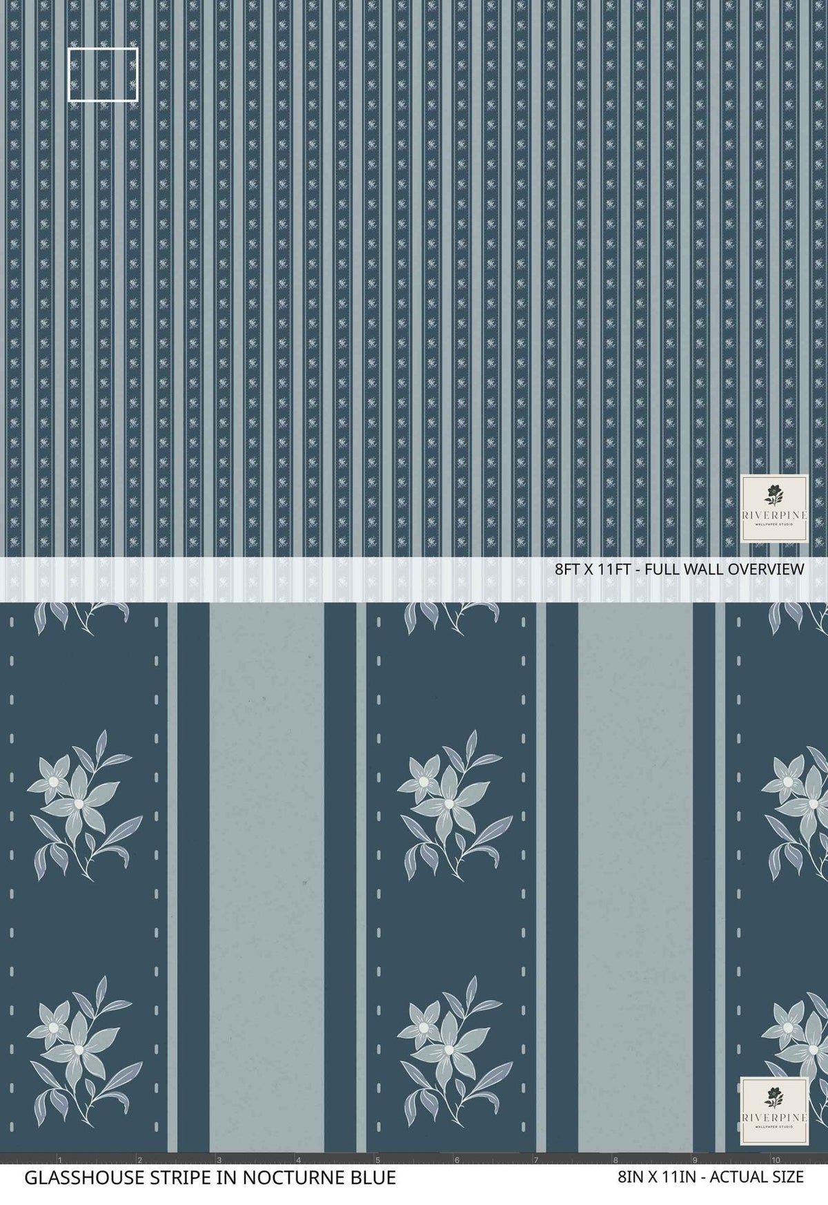 Patterned wallpaper with stripes and floral designs in nocturne blue colorway.