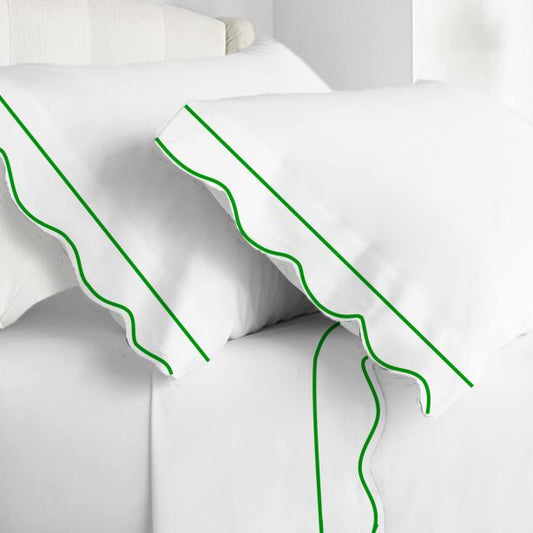 400TC Cotton Scallop Embroidery & Border Sateen Solid Sheet Set
