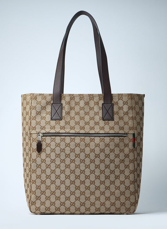Gucci Medium GG Canvas Tote Bag with Leather Trim