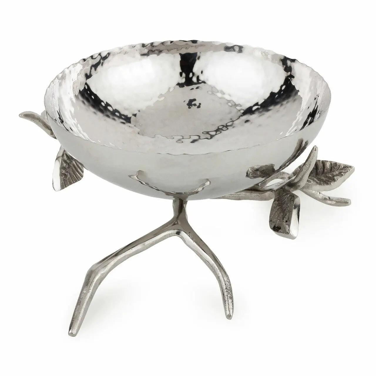 Hammered Vine Pedestal Serving Bowl — Polished Stainless Steel
